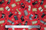 Flat swatch Tossed Cats fabric (red fabric with tossed cartoon cats allover with curly tails and funny facial expressions on red fabric with tossed hearts)