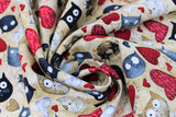 Swirled swatch Tossed Cat Head fabric (beige fabric with cartoon cat heads tossed allover and red hearts and multi coloured hearts)