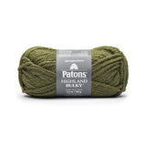 A ball of Patons Highland Bulky yarn in shade Fir (deep medium green)