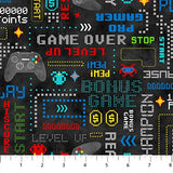 Square swatch Black fabric (black marbled look fabric with pinball style game text and decor allover with tossed emblems)
