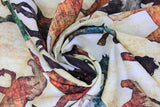 Swirled swatch horse toss fabric (white/beige marbled look fabric with coloured tossed horse outlines in natural shades brown, orange, white, green, blue)
