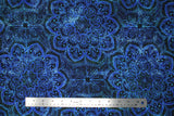 Flat swatch of blue floral intricate design fabric (dark fabric with medium blue shades floral look mandala pattern)