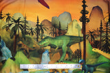 Flat swatch dinosaur printed fabrics in volcano (cartoon outdoor dinosaur scene volcanos and rocks with orange sky and walking dinosaurs and trees)