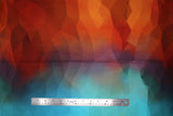 Flat swatch dinosaur printed fabrics in multi (ombre style fabric fading from reds and oranges to blues and purples with subtle geometric shapes changing hue slightly)