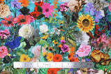 Flat swatch assorted floral printed fabric in turquoise (pale turquoise fabric with full colour wild flowers scene in various styles/colours with butterflies)