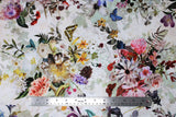 Flat swatch assorted floral printed fabric in cream (off white fabric with tossed colourfull floral groupings and butterflies in full colour assorted)