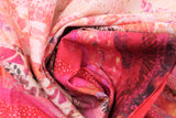 Swirled swatch waves printed fabric in strawberry (white to pink/red ombre thin stripes with assorted fabric styles in similar colour range)