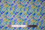Flat swatch Watercress fabric (white fabric with geometric style pattern/design allover interlocking rectangular lines in white, yellow and blue shades)