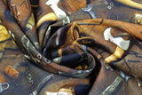 Swirled swatch Woody II fabric (photographed tools collaged on woodgrain background: hammer, gloves, wrench, nuts, etc.)