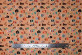 Flat swatch Pumpkin Spice Latte fabric (pale orange fabric with fall/autumn pumpkin spice latte themed emblems allover in full colour: lattes, leaves, etc.)