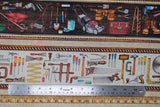 Flat swatch Brown Stripe fabric (brown and natural coloured horizontal stripes with illustrative style full colour tools within: ladder, drill, hammer, screw drivers, etc.)