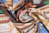 Swirled swatch Brown Stripe fabric (brown and natural coloured horizontal stripes with illustrative style full colour tools within: ladder, drill, hammer, screw drivers, etc.)
