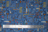 Flat swatch Pegged Tools Blue fabric (illustrative style blue peg board fabric with neatly organized full colour tools: wrenches, hammers, saws, etc.)