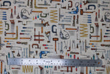 Flat swatch Pegged Tools Natural fabric (illustrative style natural coloured peg board fabric with neatly organized full colour tools: wrenches, hammers, saws, etc.)