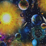 Square swatch Artworks XVIII fabric (busy multi coloured galaxy printed fabric with tossed planets and stars all in bright colours)