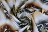 Swirled swatch Vignette fabric (white fabric with tossed Vignettes in natural colours with realistic wolf graphics within, various styles)