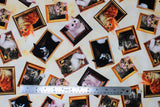 Flat swatch Portraits White fabric (white fabric with tossed gold frames with assorted style/colour kitties within and poking out of)