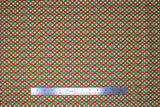 Flat swatch Chain fabric (off white fabric with stripes of red and green wavy interlocking chain lines with gold metallic accents)