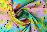 Swirled swatch Frogs fabric (pastel rainbow blurred stripe fabric with tossed cartoon large eyed frogs allover with insects and floral)