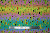Flat swatch Frogs fabric (pastel rainbow blurred stripe fabric with tossed cartoon large eyed frogs allover with insects and floral)