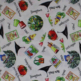 Square swatch Homegrown Toss fabric (white fabric with tossed drawn homegrown emblems and text: seeds, veggies, flowers, crows, etc.)
