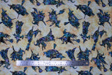 Flat swatch Witches fabric (neutral marbled look fabric with tossed blue witch and broom silhouettes allover)
