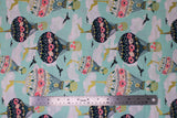 Flat swatch Balloon fabric (green/blue sky fabric with white clouds, black soaring birds and large floral decorative hot air balloons in white and black)