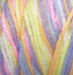 A ball of Caron Simply Soft Paints yarn in pastel purple/pink/yellow/orange/white colourway