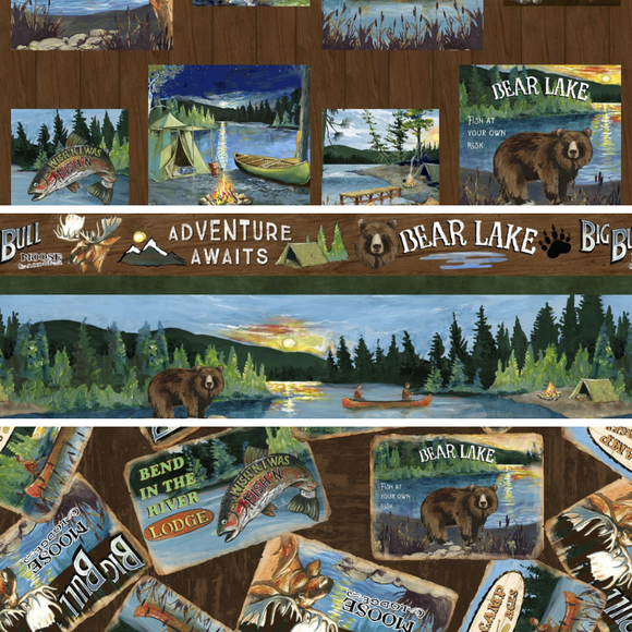Group swatch Lake Adventure themed fabrics in various styles/colours
