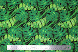 Flat swatch tropical fabric in big leaves (black fabric with large layered leaves in various greens and styles)