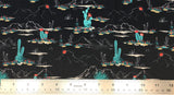 Flat swatch desert cactus landscape fabric in black (black fabric with drawn clouds and mountain scene small and green cacti)