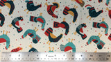 Flat swatch cartoon chicken printed fabric in beige (light beige fabric with tossed cartoon chickens in navy, red, blue, yellow colourway and tossed tiny triangles in navy, blue and red)