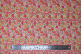Flat swatch Bouquet in Pink fabric (white fabric with tossed bright coloured floral allover in various styles: orange, light pink and deep pink floral with bright greenery)