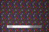 Flat swatch paisley hearts fabric (busy tossed paisley printed small hearts and deconstructed paisley pattern elements, swoops and floral tossed allover black fabric in red, purple, yellow, blue, cream colourway)
