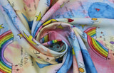 Swirled swatch Keep Looking Up fabric (pastel rainbow marbled look fabric with tossed doodled stars, moons and rainbows with handwritten look text "love you to the moon and back" etc)