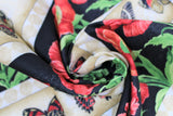 Swirled swatch fabric poppies & butterflies stripe (beige stripe with assorted red/black/yellow butterflies and white with beige diamond borders, thick black stripes with red poppies and stems, 2 patterns repeated in stripes)