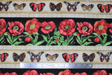 Flat swatch fabric poppies & butterflies stripe (beige stripe with assorted red/black/yellow butterflies and white with beige diamond borders, thick black stripes with red poppies and stems, 2 patterns repeated in stripes)