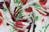Swirled swatch fabric poppies & butterflies tossed white (white fabric with tossed red poppies with green stems and red/black butterflies)