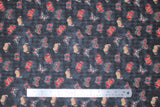 Flat swatch fabric tossed butterflies black (black fabric with small and medium tossed butterflies in black, red, and yellow shades)