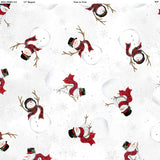 Square swatch Snowmen fabric (white fabric with tossed white snowflakes and dots and tossed white snowmen with black top hats and red scarves)