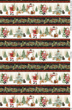 Santa Stripes fabric swatch (thick white snowy forest scene stripes with snowmen, woodland creatures and Santa, alternating with thinner black stripes with red holly berries and greenery all separated by thin red plaid stripes)