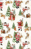 Forest Santa fabric swatch (white fabric with snowy forest scene with trees, snowmen, woodland creatures and Santa)
