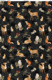 Woodland fabric swatch (dark grey/black subtly marbled look fabric with tossed black snowflakes and white snow dots, tossed woodland creatures in full colour, tossed red cardinals with greenery)