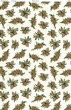 Pinecones fabric swatch (white fabric with tossed pale brown pinecones and leaves/greenery)