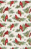 Birds & Branches fabric swatch (ivory/natural coloured fabric with subtle cross hatch look and large tossed greenery sprigs and leaves with red holly berries and cardinal birds allover)