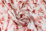 Swirled swatch Red fabric (white fabric with red sketched/illustrative look outdoor barn scene with roosters)