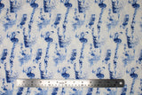 Flat swatch Blue fabric (white fabric with blue sketched/illustrative look outdoor barn scene with roosters)