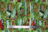 Flat swatch Picnic Layer fabric (repeated illustrative lake scene allover with red truck, etc.)