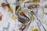 Swirled swatch musical themed printed fabric in play from your heart (music related text and instruments collage on white)