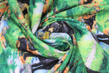 Swirled swatch bear and cubs fabric (green and blue forest and water scenery with walking mama black bears and baby cubs)
